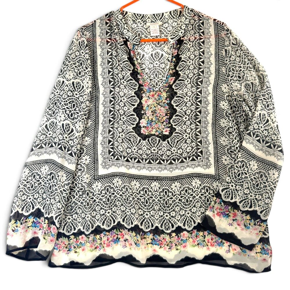sundance vita 100% silk blouse lg beaded floral lace print boho romantic tunic